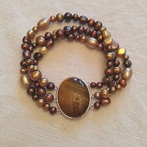 Sterling Silver Tiger Eye and Pearl Bracelet